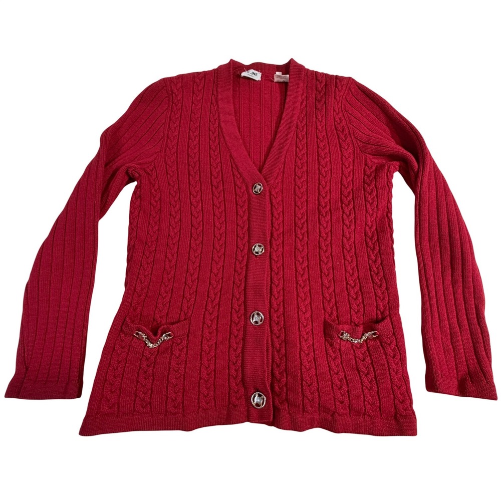 Vintage 1970s Celine Wool Cardigan Red Cable Knit Logo Chain Pockets